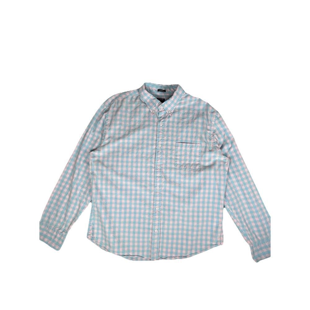 J.Crew Mens XL Flex Washed slim untucked light blue & pink gingham cotton blend